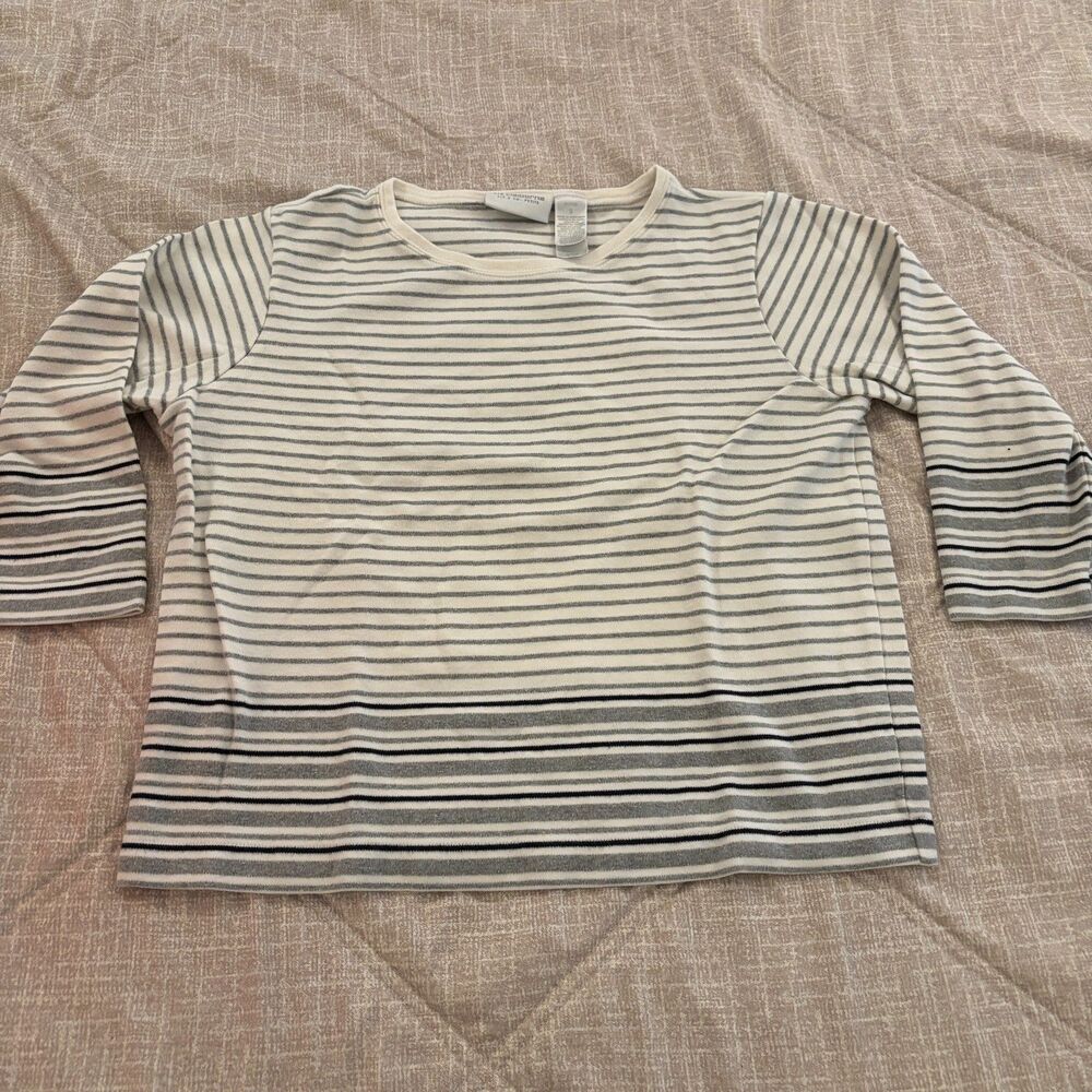Liz Claiborne Liz & Co Petite S Striped Long Sleeve Shirt Top Cream Gray Black